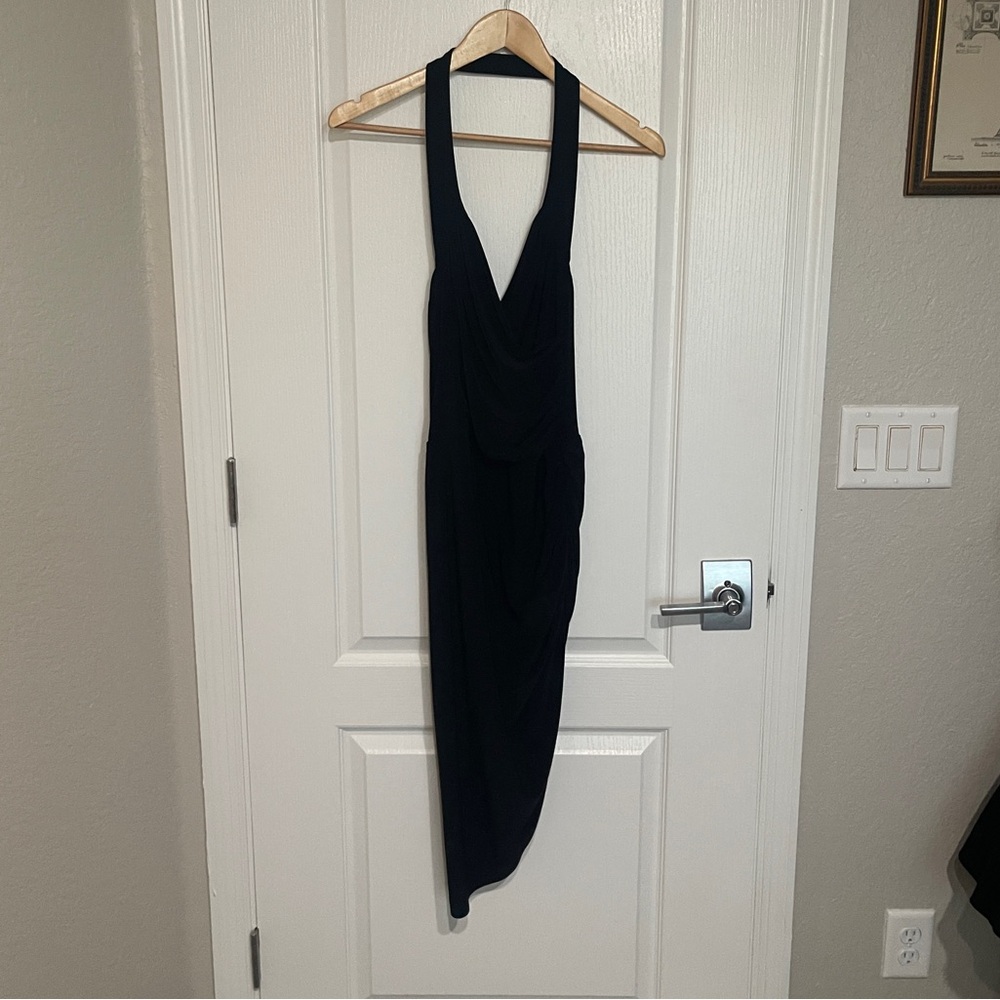 NORMA KAMALI Cayla Side Drape Dress Elegant Black Halter Stretch Bodysuit Small - Picture 3 of 11
